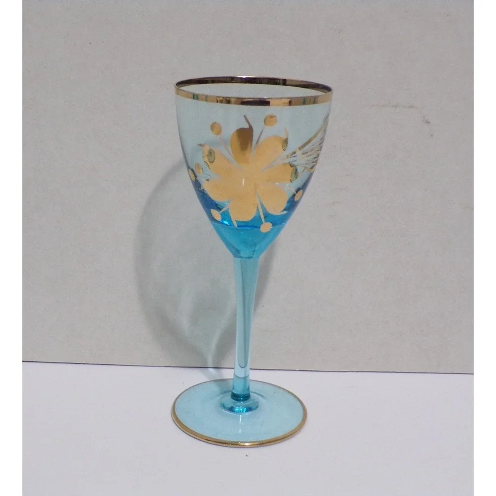 Vintage Hungry‎ Romanian Blue Cordial Glasses Gold Roses Wine 4oz Glass Set of 6